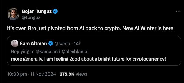 a quote tweet. Sam Altman says 'more generally, I am feeling good about a bright future for cryptocurrency', Bojan Tunguz says (in response): 'it's over. Bro just pivoted back from AI back to crypto. New AI winter is here.'