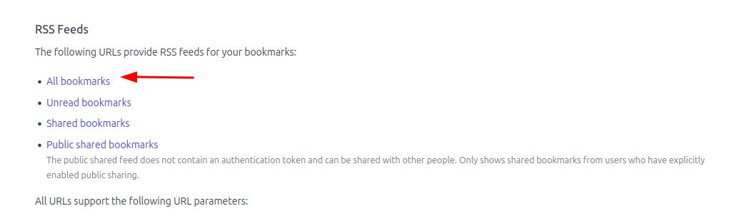 a screenshot of the linkding integration settings page with a big red arrow pointing to the All Bookmarks link