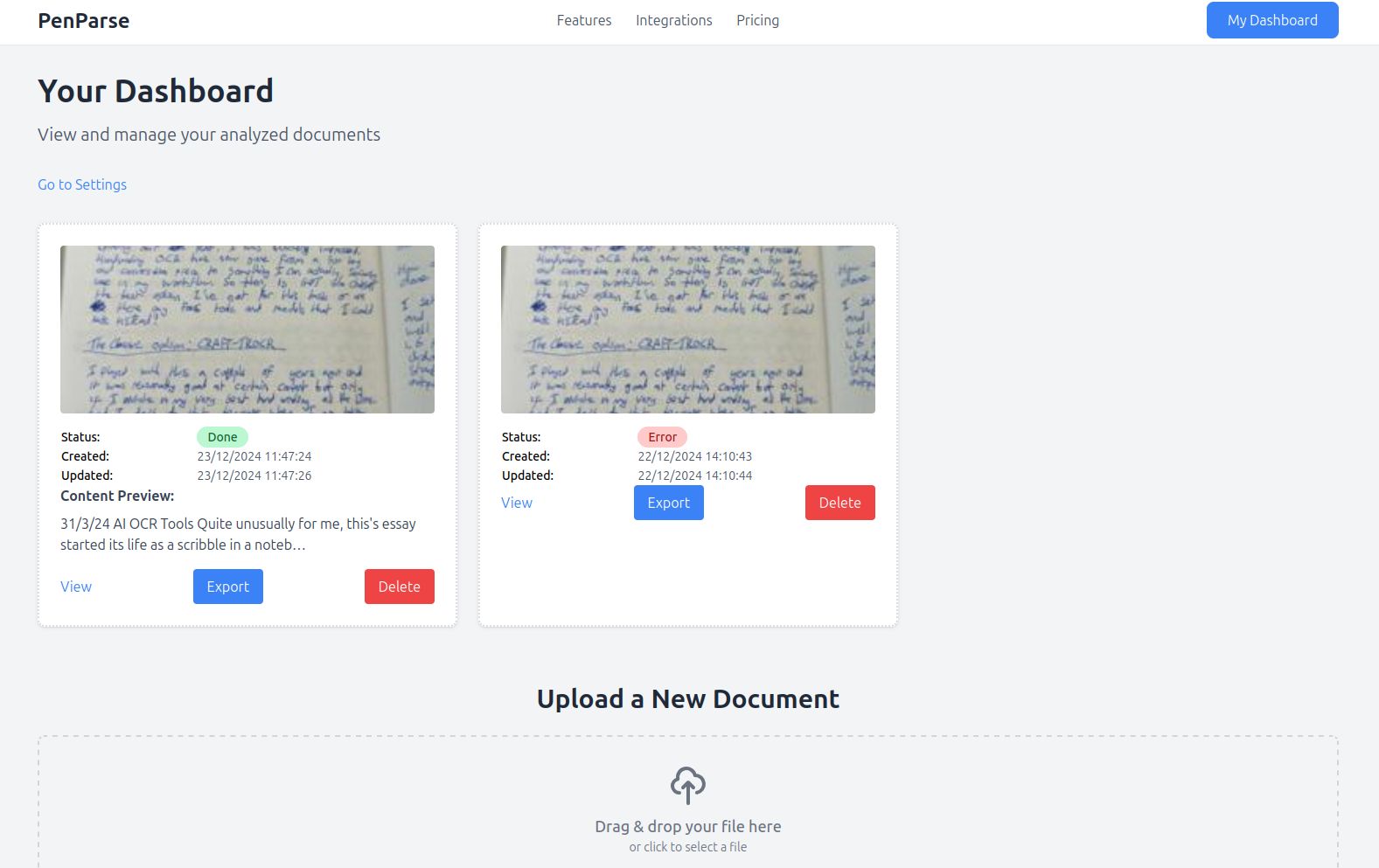 screenshot of penparse dashboard showing two example uploaded images and their corresponding statuses, The leftmost one was successfully scanned and a snippet of the text is shown in the card. The rightmost one failed to parse and it's status is marked "error"